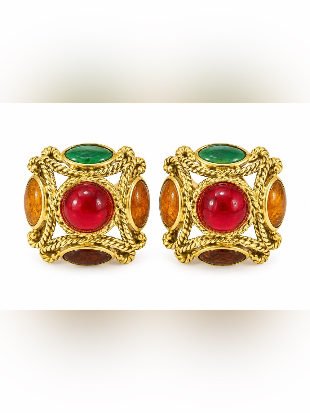 Vintage Gold Rope Metal and Red Stone Large Stud Earrings 90s Moody